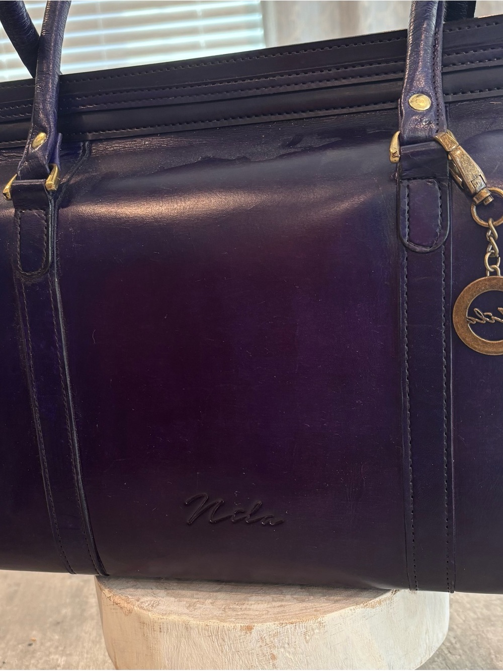Nila Deep Purple Leather Satchel with Gold Accents